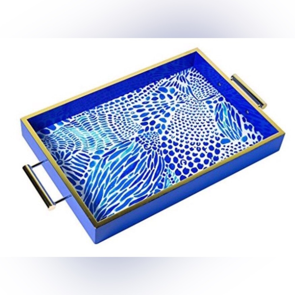 Lilly Pulitzer Hostess Drink Serving Tray Blue Tang Gang Blue Gold White